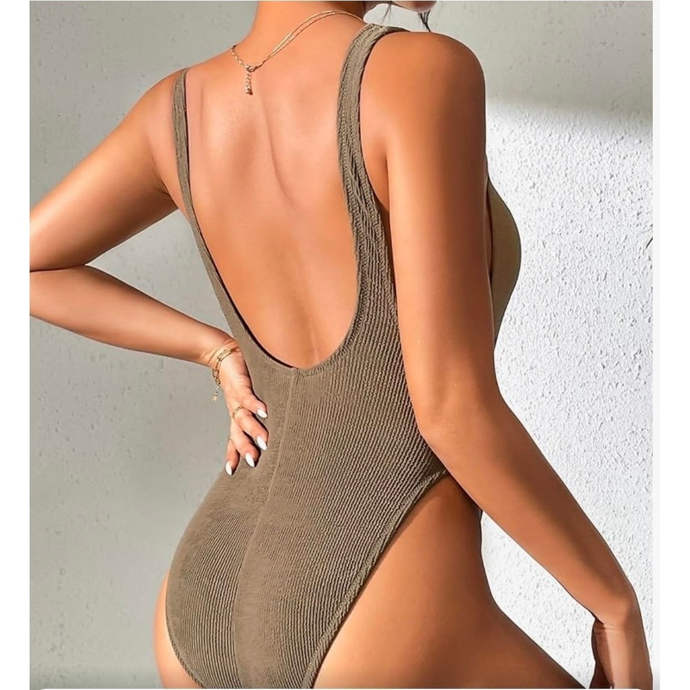 90s Trend Ribbed One Piece Swimsuit Low Cut Side High Leg Olive Green XL 16 - Picture 4 of 5